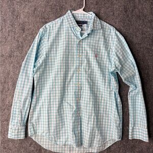 Polo Ralph Lauren Men’s L Gingham Check Shirt Blue White Long Sleeve Pink Pony